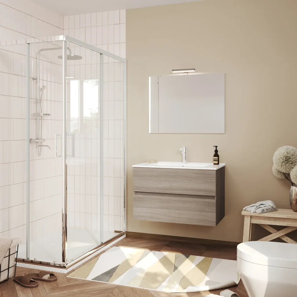 Wall-mounted bathroom cabinet mirror and integrated sink model Cubi&Co Symmetry Classic 2 - Smoke oak