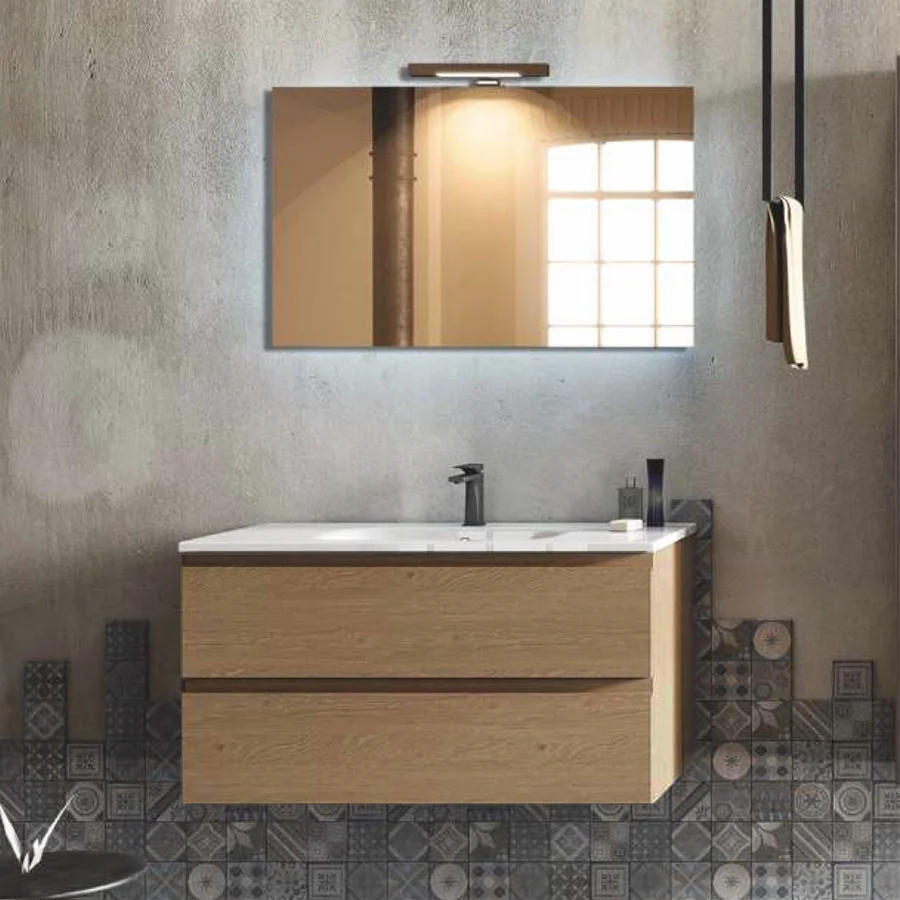 Wall-mounted bathroom cabinet model Mirò 100 cm finish hacney ceramic sink, mirror and lamp
