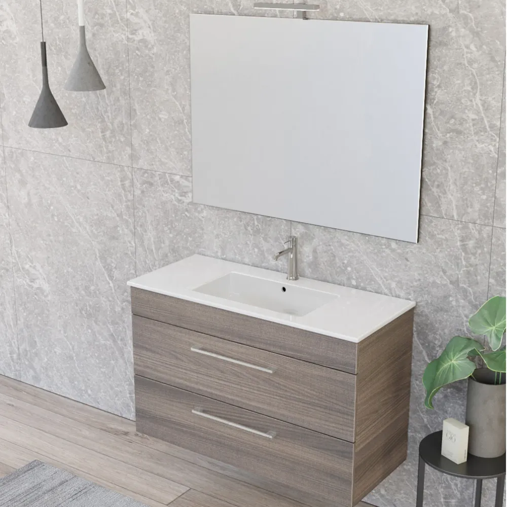 Wall-mounted bathroom composition Cubi&Co Smack 2 drawers 100x62 sink, mirror LED lamp natural elm