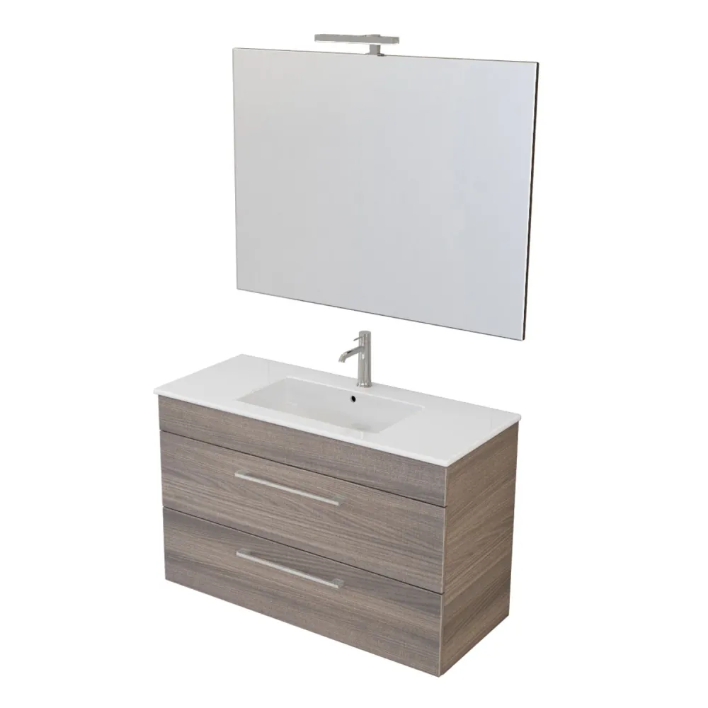Wall-mounted bathroom composition Cubi&Co Smack 2 drawers 100x62 sink, mirror LED lamp natural elm