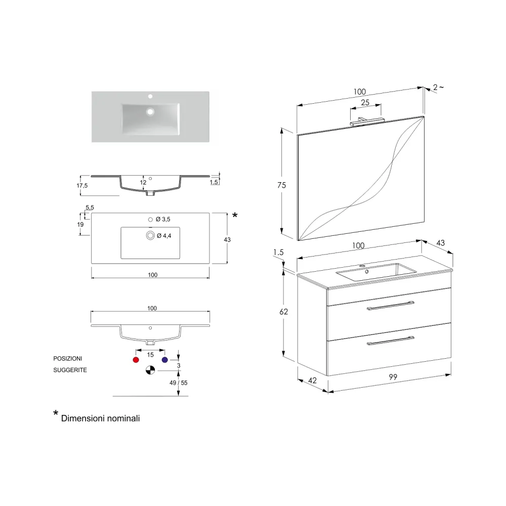 Wall-mounted bathroom composition Cubi&Co Smack 2 drawers 100x62 sink, mirror LED lamp natural elm