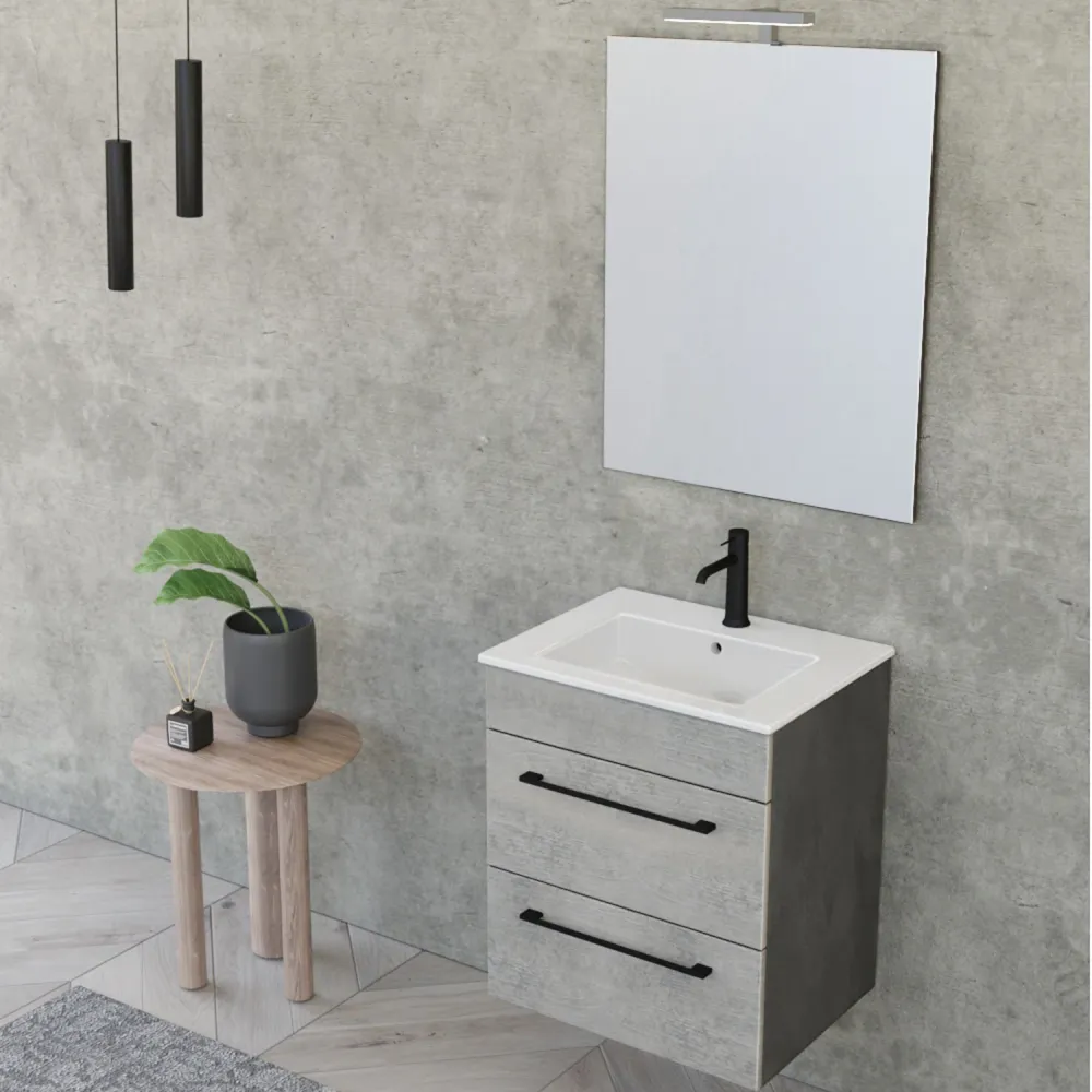 Wall-mounted bathroom composition Smack 2 drawers 55x62 sink, mirror LED lamp cement wood and cement