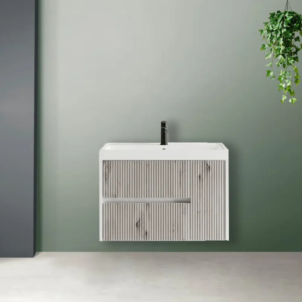 Wall-mounted ribbed bathroom cabinet sink 100 cm antique gray color - Cubi&Co Puur Collection