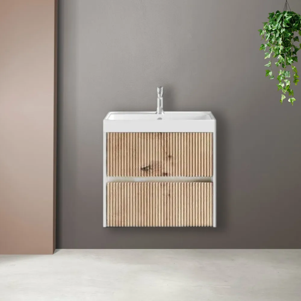 Wall-mounted ribbed bathroom cabinet 60 cm sink, gold eik color - Cubi&Co Pure Collection