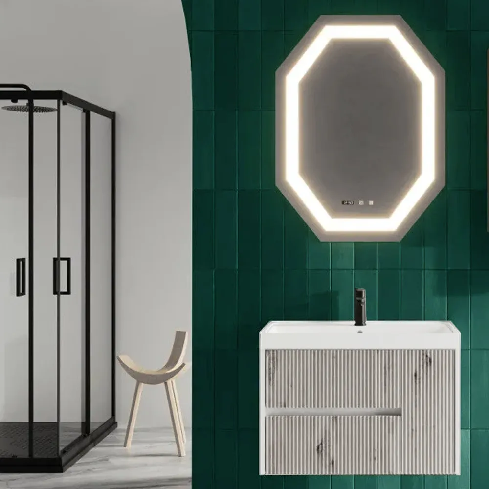 Wandbevestigd ribbed bathroom cabinet sink and octagonal mirror 80 cm antique gray color - Cubi&Co Pure Collection