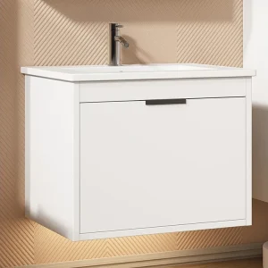 Wandonderkast 60 cm breed - met keramische wastafel - met lades - contemporain design - wit