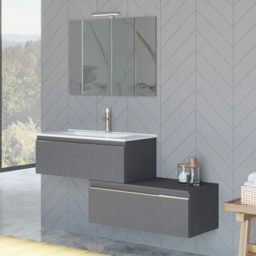 Wandopstelling bathroom cabinet two drawers sink, mirror and LED light 80 cm linen color - Cubi&Co Incanto 1 model