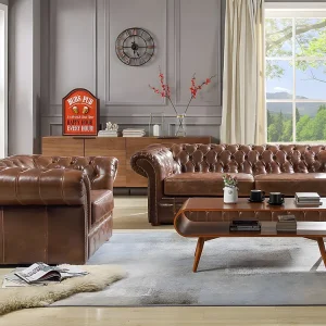 Zitbank en fauteuil chesterfield CLOTAIRE van leer met lived- aspect