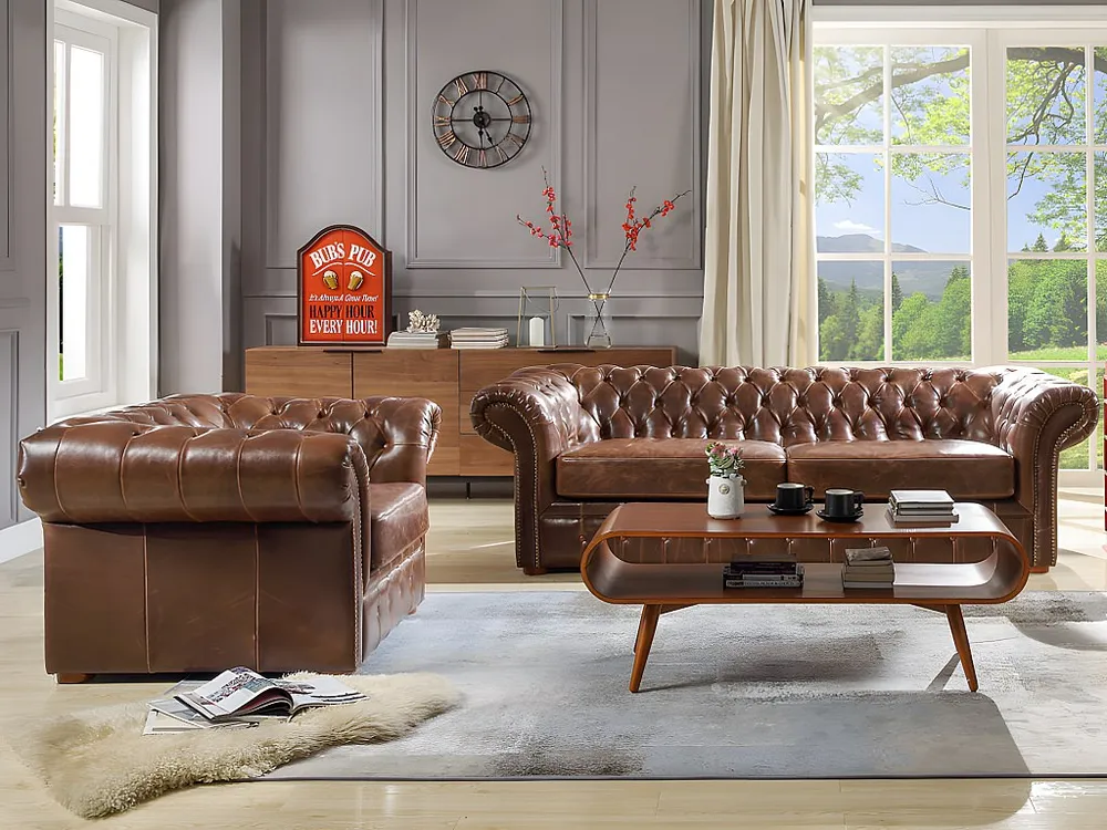 Zitbank en fauteuil chesterfield CLOTAIRE van leer met lived- aspect