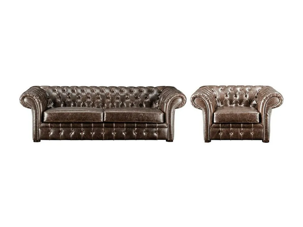 Zitbank en fauteuil chesterfield CLOTAIRE van leer met lived- aspect