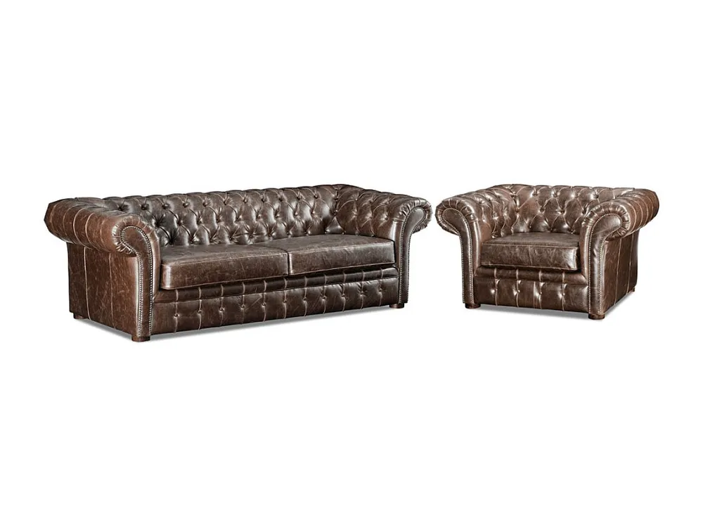 Zitbank en fauteuil chesterfield CLOTAIRE van leer met lived- aspect