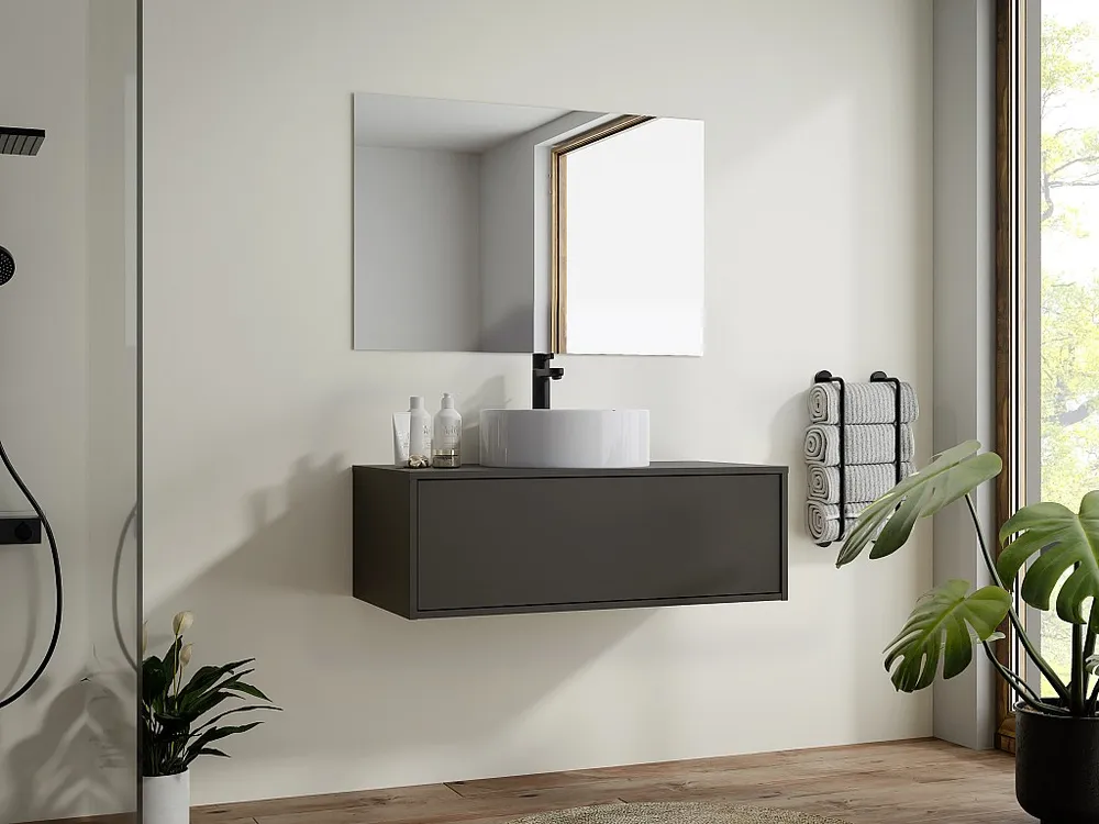 Antracietgrijs hangend badkamermeubel met enkele ronde wastafel - 94 cm - TEANA II