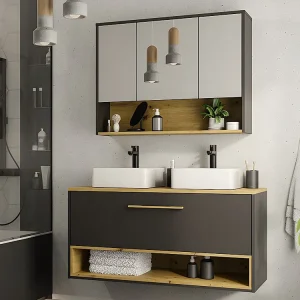 Badkamermeubel met dubbele wastafel en spiegelkast - Antraciet - 120 cm - Koop nu online
