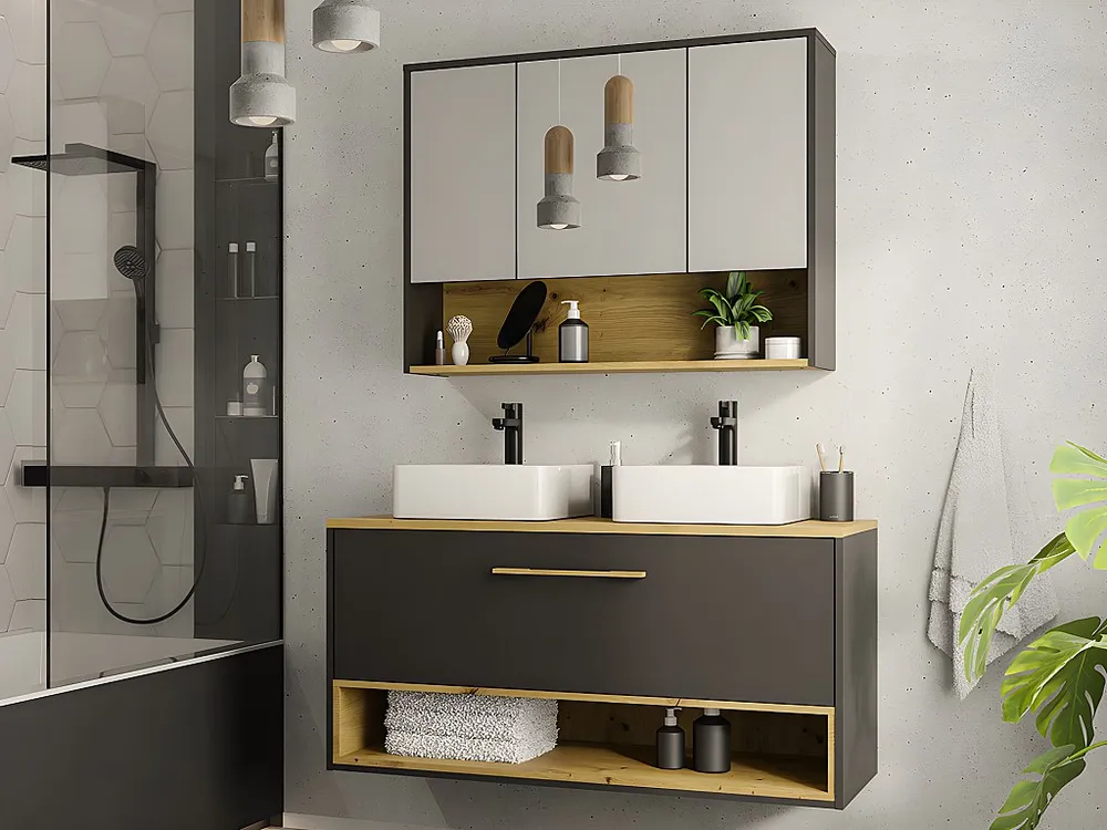 Badkamermeubel met dubbele wastafel en spiegelkast - Antraciet - 120 cm - Koop nu online