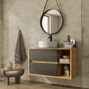 Badkamermeubel met ronde wastafel, houtlook en donkergrijs, 100 cm, TIKITIKI