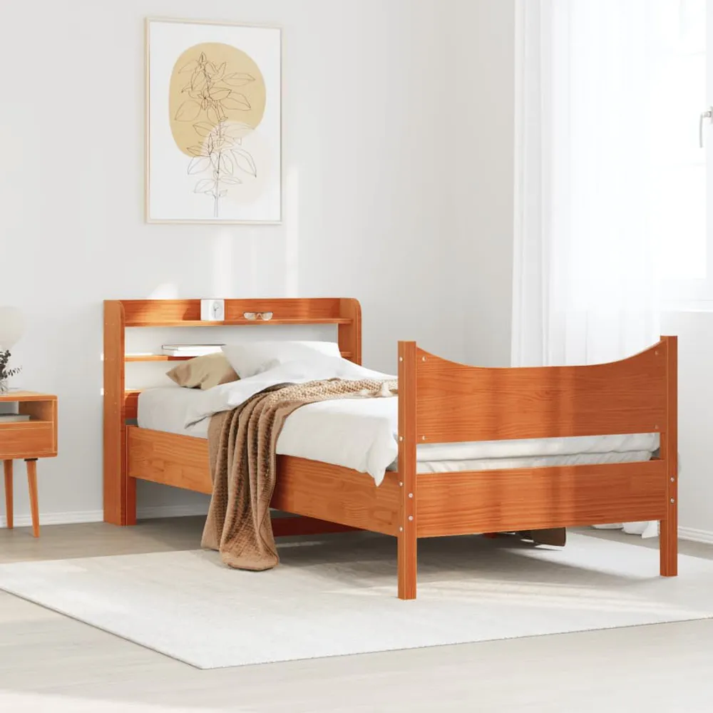 Bedframe met hoofdbord massief grenenhout wasbruin 90x200 cm