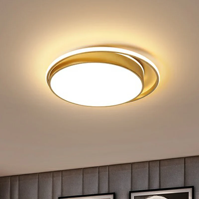 Bedroom LED Ceiling Mounted Light Simple Gold Finish Flushmount Round Plexiglas Shade Gold