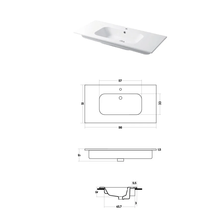 Console sink glanzend white ceramic Qubo Square 51 series Disegno-Ceramica 96cm