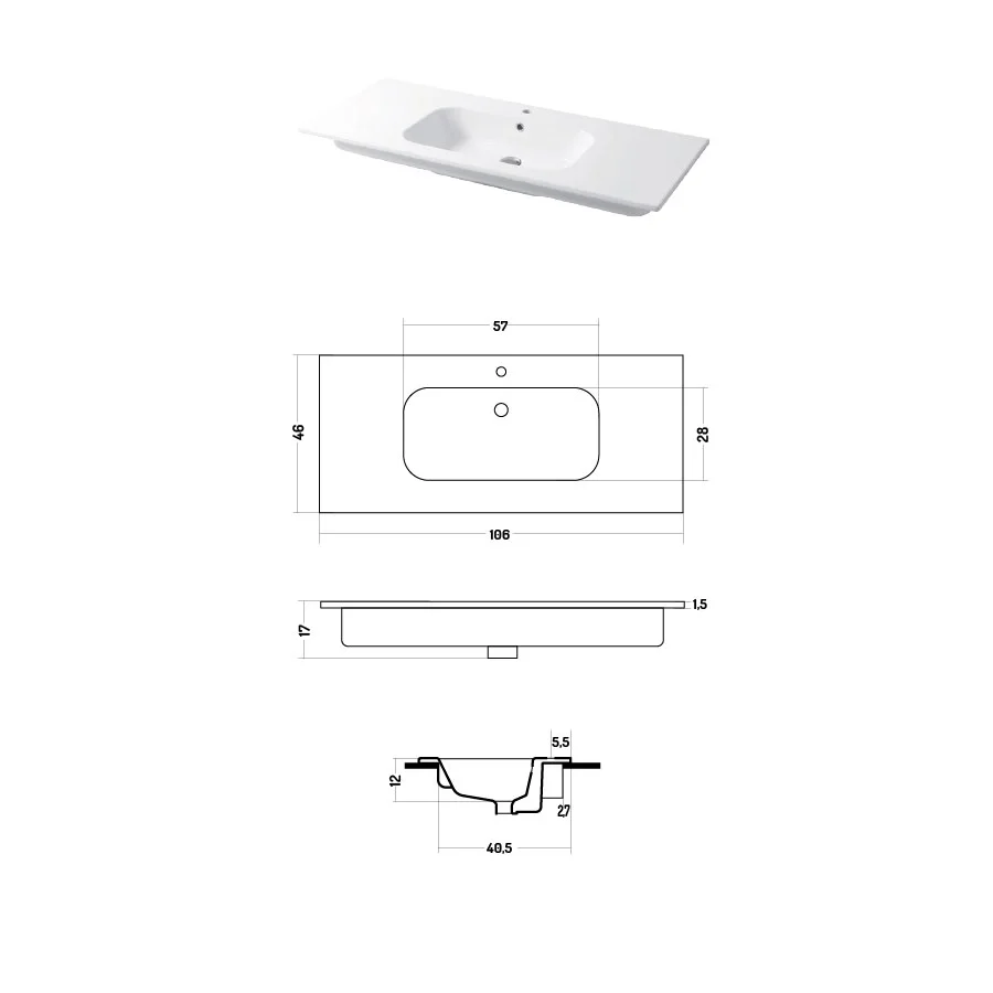 Console sink glossy ivoor ceramic Qubo Square 46 series Disegno-Ceramica 106cm