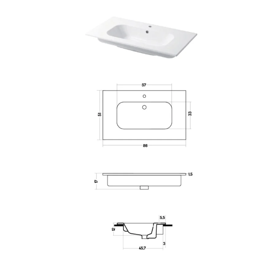 Console sink glossy white van keramiek Qubo Square 51 series Disegno-Ceramica 86cm