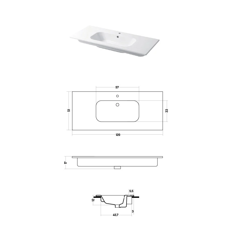 Console sink glossy wit ceramic Qubo Square 51 series Disegno-Ceramica 121cm
