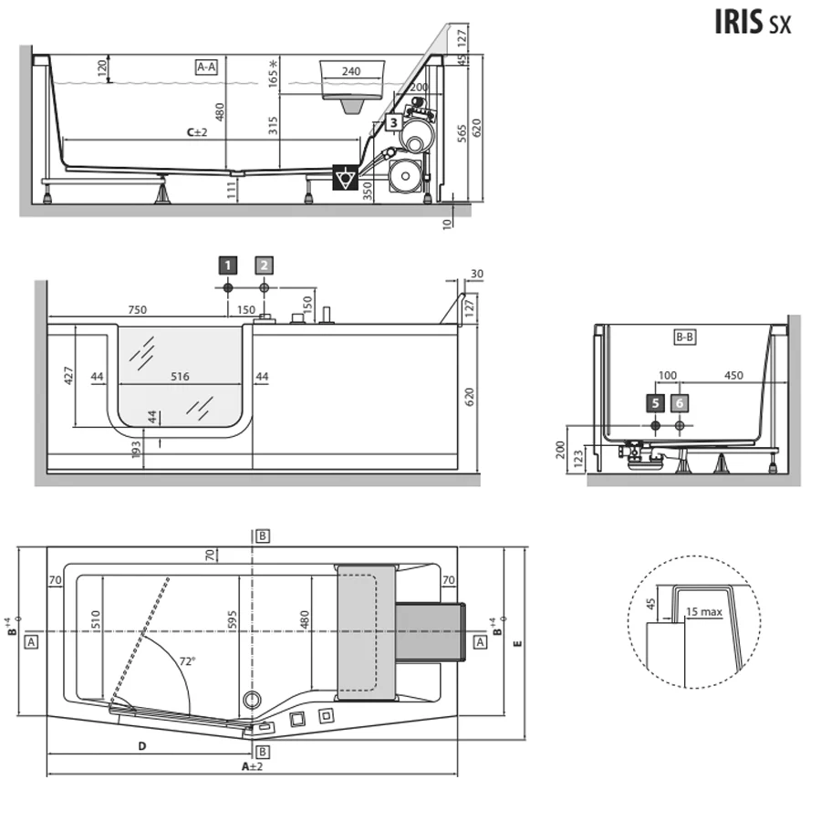 Elderly bathtub Iris 170x80 cm left door and left installation