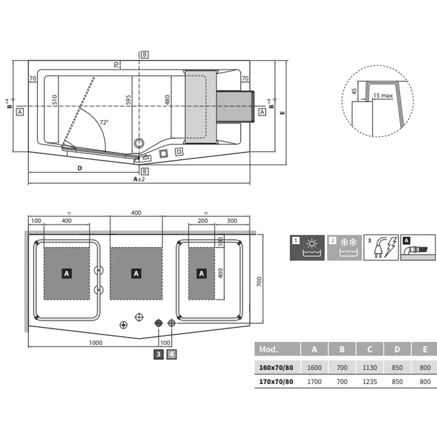 Elderly bathtub Iris 170x80 cm left door and left installation