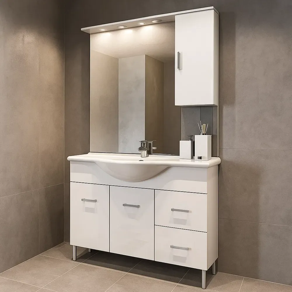Floor-standing bathroom cabinet sink, mirror, and wall cabinet model Jour 105 cm melamine glossy melkwit finish