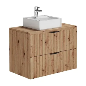 Geribbeld wastafelmeubel met opzetwastafel, lichte houtlook, 80 cm, ZEVARA