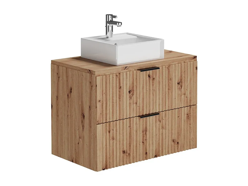 Geribbeld wastafelmeubel met opzetwastafel, lichte houtlook, 80 cm, ZEVARA