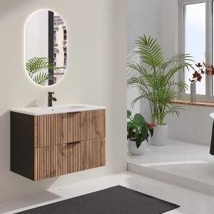 Gestreept hangend meubel onder wastafel, zwak naturel en zwart, 80 cm, MADELA