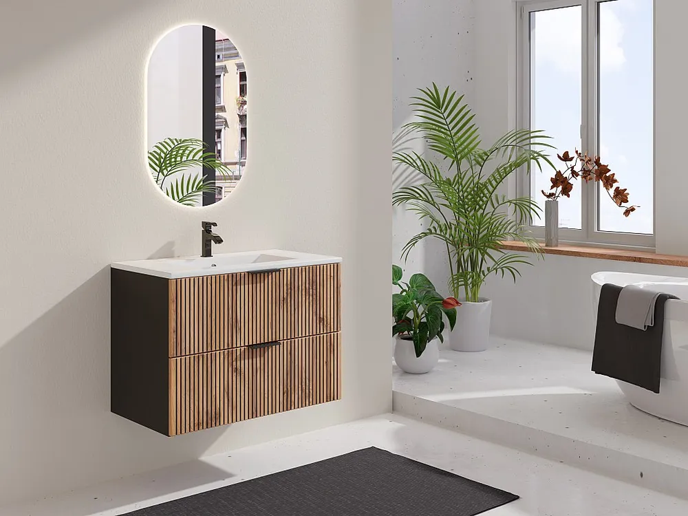 Gestreept hangend meubel onder wastafel, zwak naturel en zwart, 80 cm, MADELA