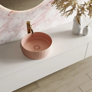 Gestreepte mat roze opbouwwastafel van keramiek, L36 x H12 x D36 cm, PEDARA