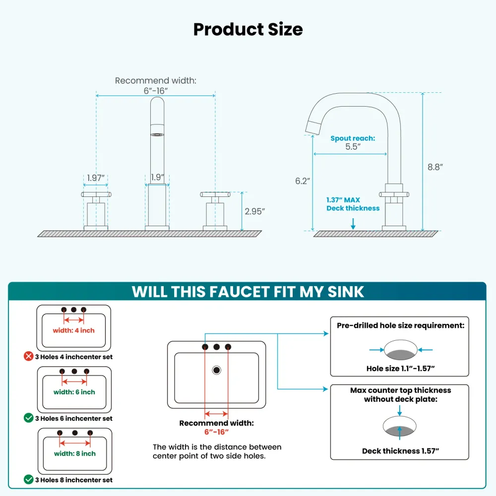 gotonovo 8 inch Widespread 3 Hole Bathroom Sink Faucet,2 Cross Handle Vanity Faucet Deck Mount Basin Bathroom Sink 360° Zw...