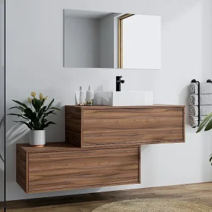 Hangend badkamermeubel met enkele wastafel, zwart naturel, 2 lades, 94 cm, TEANA