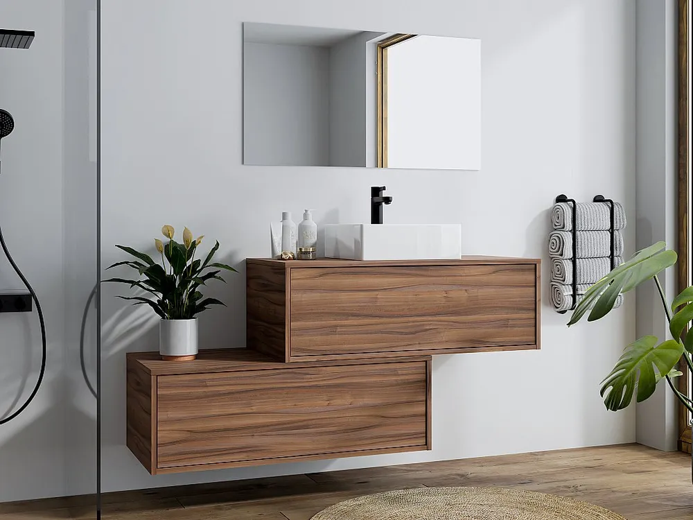 Hangend badkamermeubel met enkele wastafel, zwart naturel, 2 lades, 94 cm, TEANA