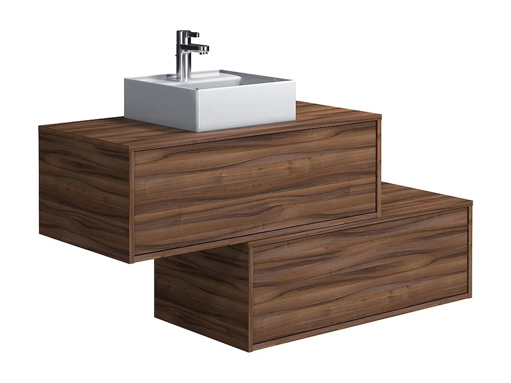 Hangend badkamermeubel met enkele wastafel, zwart naturel, 2 lades, 94 cm, TEANA