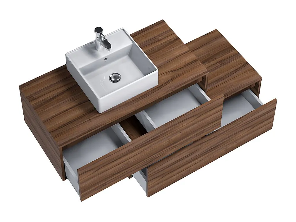 Hangend badkamermeubel met enkele wastafel, zwart naturel, 2 lades, 94 cm, TEANA