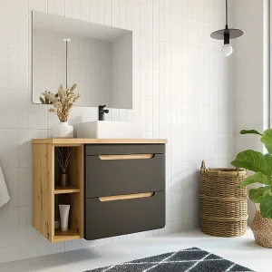 Hangend badkamermeubel met wastafel en nissen - Naturelkleur en antraciet - 80 cm - ARUBA