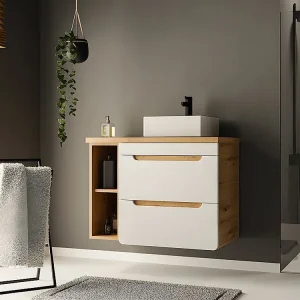 Hangend badkamermeubel met wastafel en nissen - Naturelkleur en wit - 80 cm - ARUBA