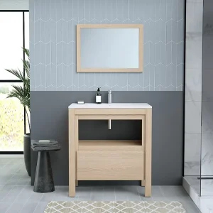 Hangend wastafelmeubel eikenfineer met inbouwwastafel, 80 cm, COSMOTI