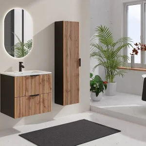 Hangende badkamerkolom met groeven, zwak naturel en zwart, 140 cm, MADELA
