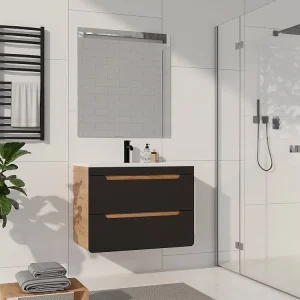 Hangmeubel met inbouwwastafel, 80 cm, helder naturel en antraciet, ARUBA