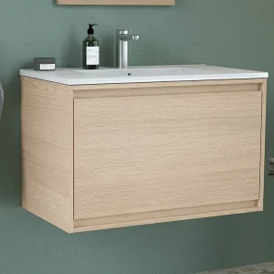 Hangmeubel voor badkamer met eikenfineer met enkele inbouwwastafel, 80 cm, MESLIVA