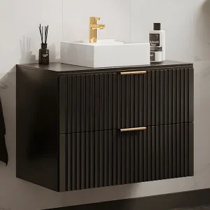 Hangmeubel voor badkamer met strepen met wastafel om erop te arrangeren, zwart, L80 cm, ZEVARA