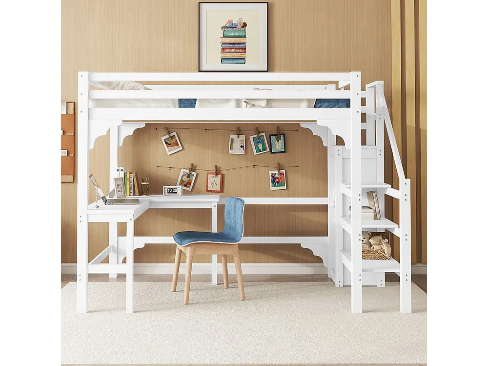 Hoogslaper 140 x 200 cm met hoekbureau en kledingkast - grenenhout - lattenbodem - wit