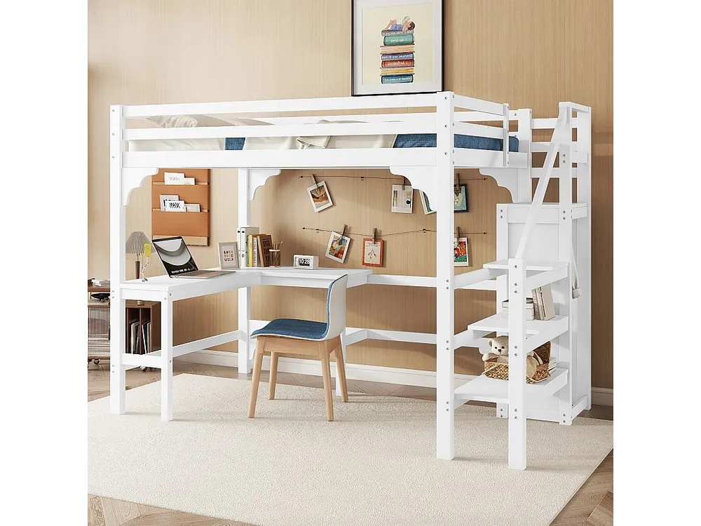 Hoogslaper 140 x 200 cm met hoekbureau en kledingkast - grenenhout - lattenbodem - wit