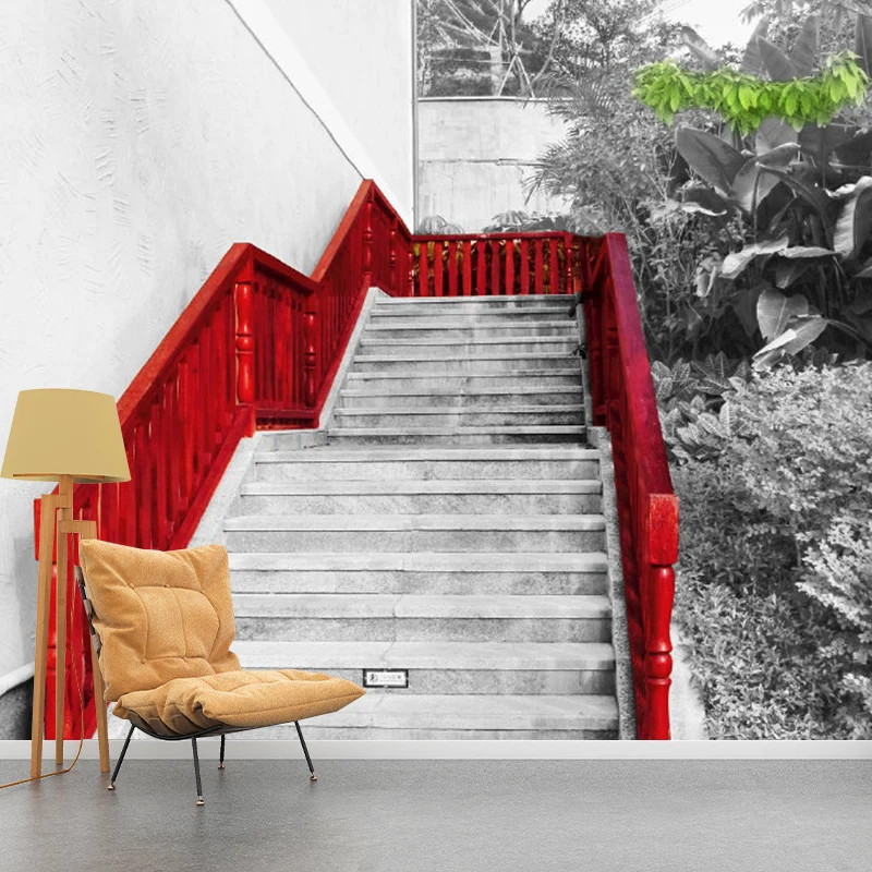 Minimalist Stairs Wall Mural Decal Bedroom Decor, Custom Size Wall Covering Grey and Rood Red