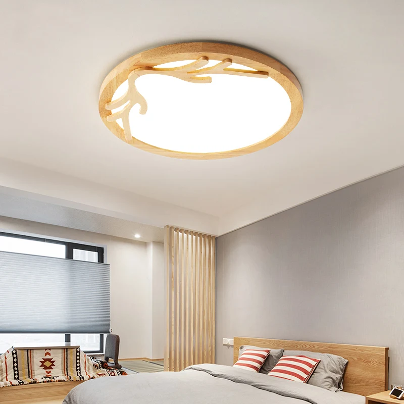 Modern Deer Antler Flush Mount Light Van hout Bedroom LED Ceiling Light Flush Mount Acrylic Diffuser, Beige Wood