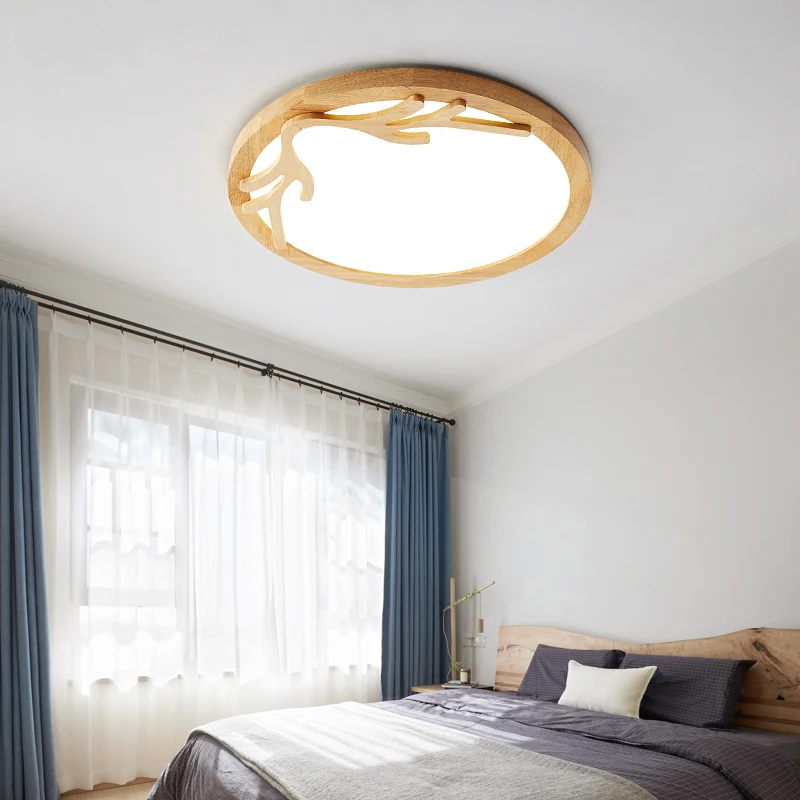 Modern Deer Antler Flush Mount Light Van hout Bedroom LED Ceiling Light Flush Mount Acrylic Diffuser, Beige Wood